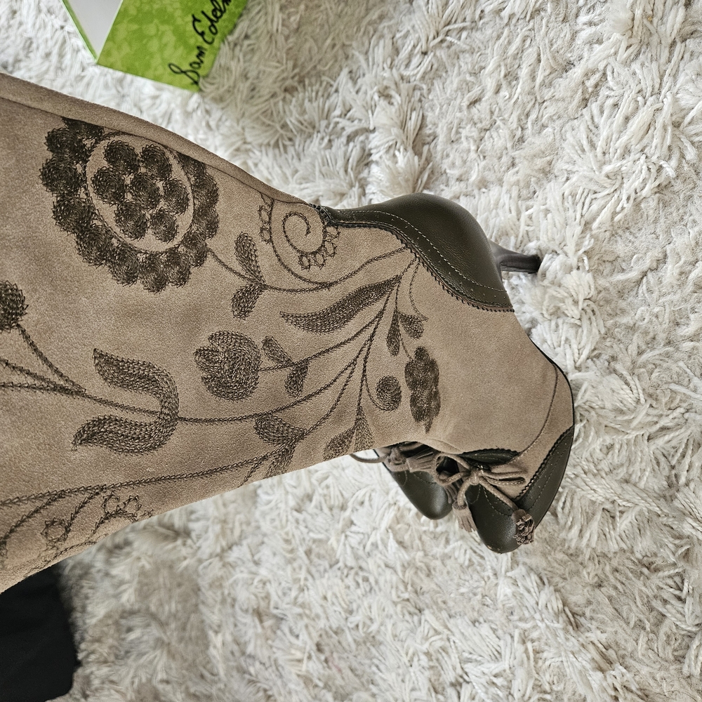Sam Edelman Brown/Taupe Heeled Boots with Floral Design